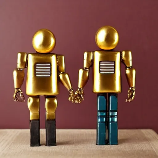 Prompt: retro gold robotic couple on a 8 0 s home decor, vintage photograph