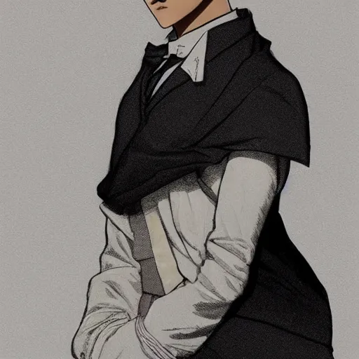 Image similar to Levi Ackerman, south Korean male, wearing a black and white maid dress, short, short hair, pointy nose, annoyed. elegant. highly detailed, digital painting, artstation, concept art, smooth, sharp, focus, illustration. art by artgerm and greg rutkowski alphonse mucha and Marat Safin