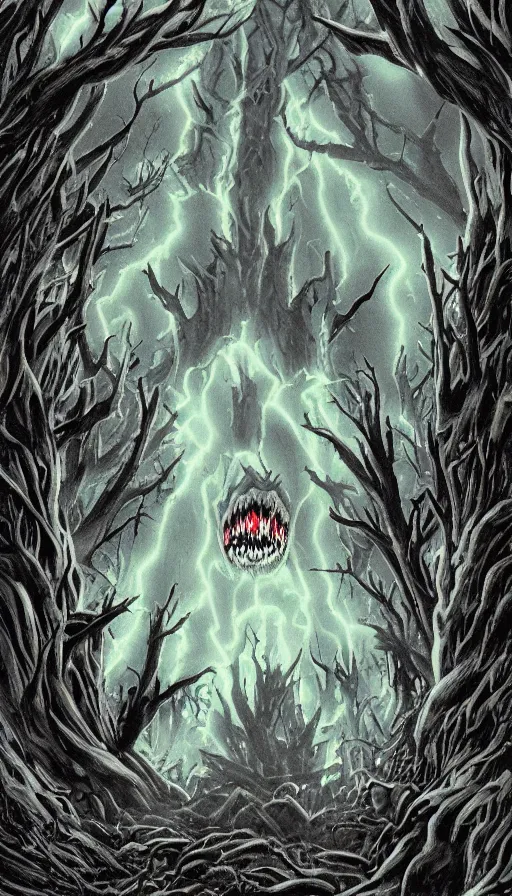 Image similar to a storm vortex made of many demonic eyes and teeth over a forest, from cryptid academia