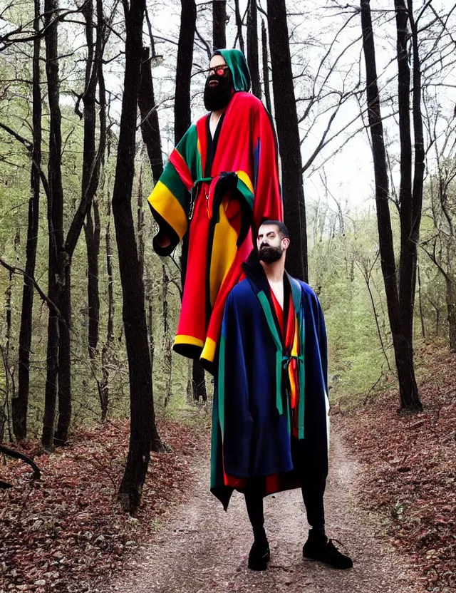 Image similar to longshot full modern detailed colorful cool handsewn textile cloak huge sleeves african american full beard shaved head nature creek river stream stones in the woods marc jacobs gucci robes chains necklace