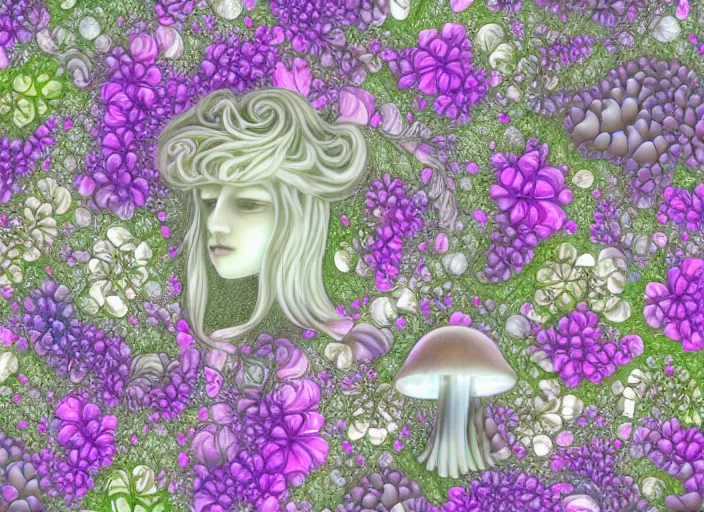 Image similar to glowing delicate flower and mushrooms that grow in a dark fatansy forest on the planet Pandora, an idealistic marble statue with fractal flowery hair in a fractal garden,