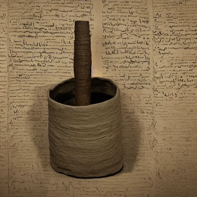 Image similar to a photo of a museum display showing a cylindrical clay jar, holding a dead sea scroll with nabeatean writing, dark, brooding, atmospheric, volume lighting