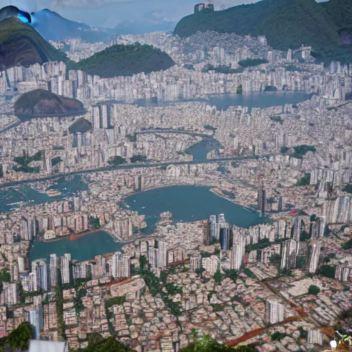 Image similar to view while parachuting down towards the slums of Rio, highly detailed, realistic