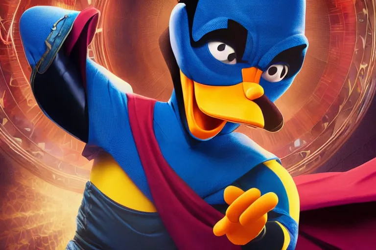 Prompt: reallistic CGI of Daffy Duck as Doctor Strange. cinematic, hyper realism, high detail, 8k, Vibrant colors, Smooth gradients, High contrast, depth of field