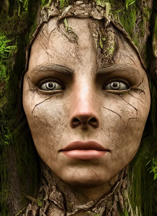 Image similar to photograph of hyperrealistic hyperdetailed ancient woman face in the shape of a tree covered with bark and moss, in a dark mysterious forest, unreal engine, octane,
