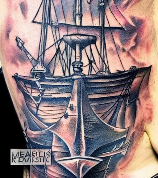 Prompt: A realistic painting of a pirate ship, realism tattoo design, highly detailed tattoo, shaded tattoo, hyper realistic tattoo