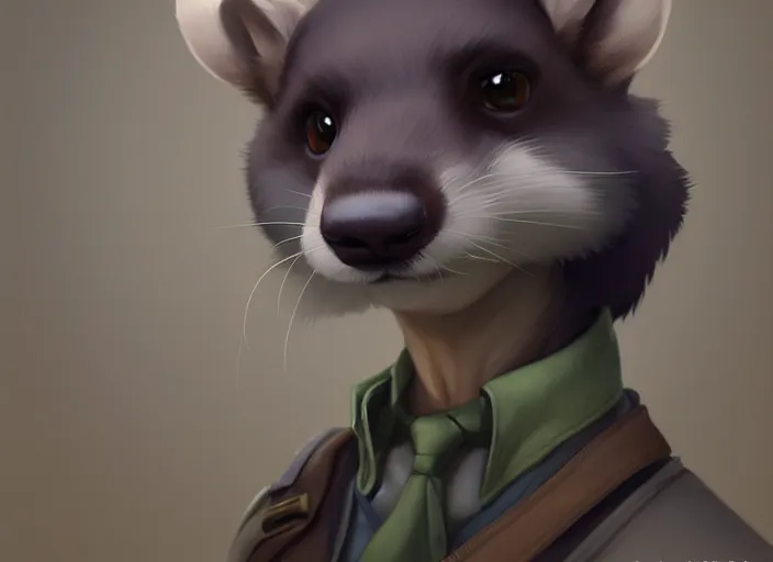 Image similar to character portrait feature of the anthro male anthropomorphic ferret fursona wearing airline pilot outfit uniform professional pilot character design stylized by charlie bowater, ross tran, artgerm, and makoto shinkai, detailed, soft lighting, rendered in octane