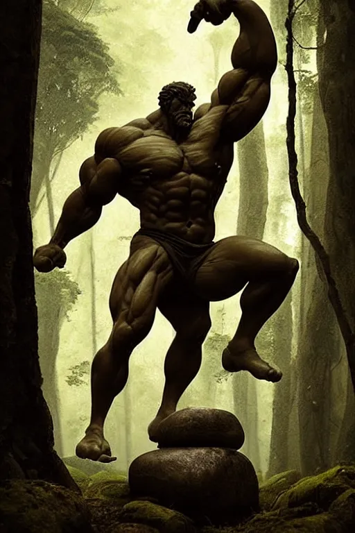 Image similar to greg rutkowski poster. ancient stone carved sculpture of a giant muscular man in the woods