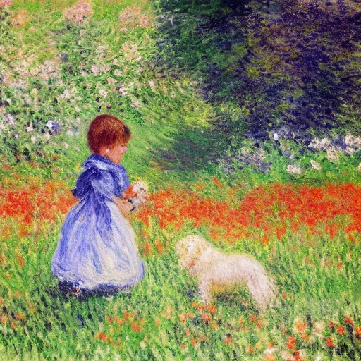 Prompt: child playing with cute dog on a flower meadow, trees in the background, painted by Monet.