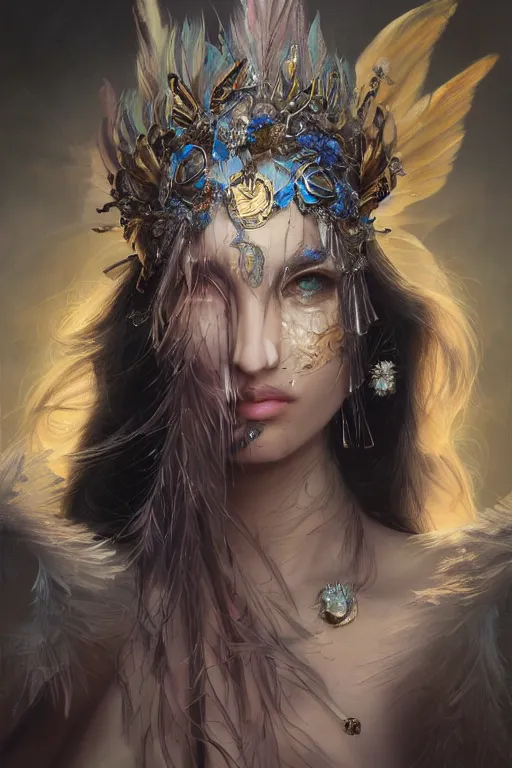 Image similar to face closeup of a beautiful model wearing feather mask, casting magic spell holding diamonds, angel, fantasy, dramatic lighting, highly detailed, digital painting, holding electricity, magic the gathering, hyper detailed, 3 d render, hyper realistic detailed portrait, peter mohrbacher, wlop, ruan jia