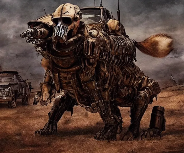 Image similar to a good ol'hound dog fursona ( from the furry fandom ), heavily armed and armored facing down armageddon in a dark and gritty version from the makers of mad max : fury road. witness me.