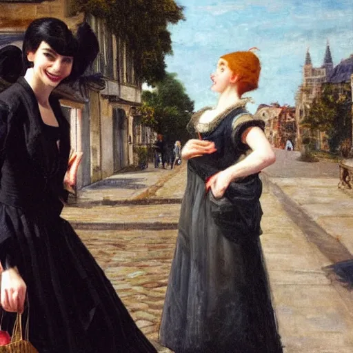 Image similar to niclas weintz trying to flirt with anne hathaway in a sunny street with jealous women with black hair standing in the back, 4 k, painting by eugene de lacroix, beautiful, high detail,