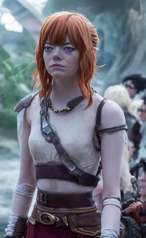 Image similar to epic cinematic still of live action chrono trigger movie, emma stone as marle, 8 k, 8 5 mm