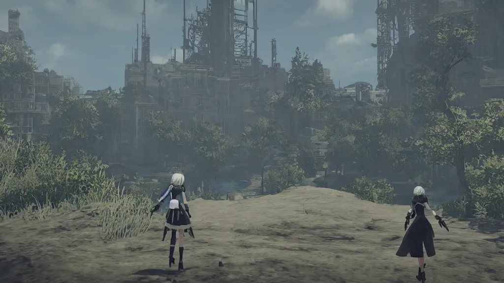 Image similar to Screenshot from Nier Automata, beautiful landscape in Marseille