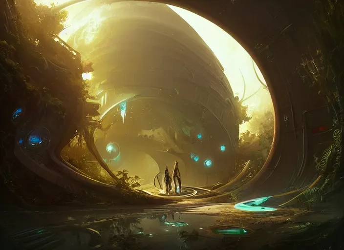 Image similar to a circular portal structure in the centre of an abandoned and overgrown alien city, beautiful curves, sci - fi, fantasy, golden ratio, epic lighting, amazing composition, messy brush strokes, very detailed, 4 k, in the style of peter mohrbacher