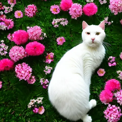 Image similar to a photo of a white cat laying on his back surrounded by flowers.