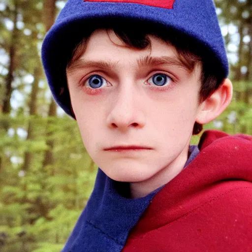 Prompt: super close up portrait of wirt from over the garden wall. a 1 6 years old gloomy awkward boy with big brown eyes and shaggy brown hair wearing a red dunce hat and a blue navy cape, standing in the forest, kodachrome photograph, 1 9 9 5, 4 k, canon, flash photography, norman rockwell, bouguereau