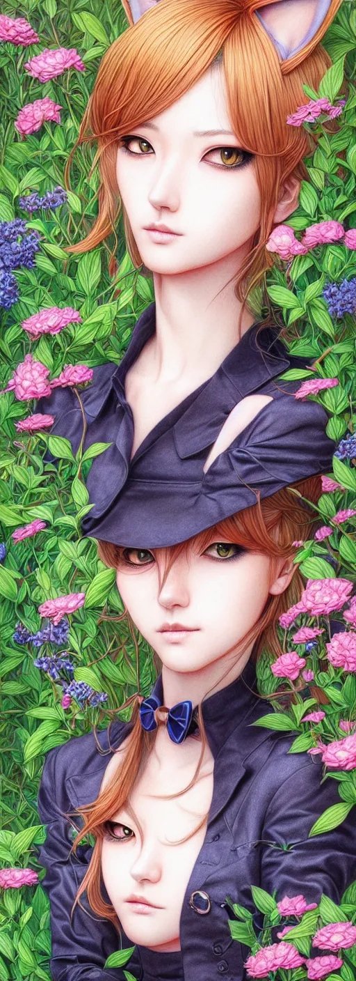 Image similar to richly detailed color pencil illustration of a portrait of a stylish gardener woman hypnotic cat, by artgerm and range murata rendered with 3 d effect.