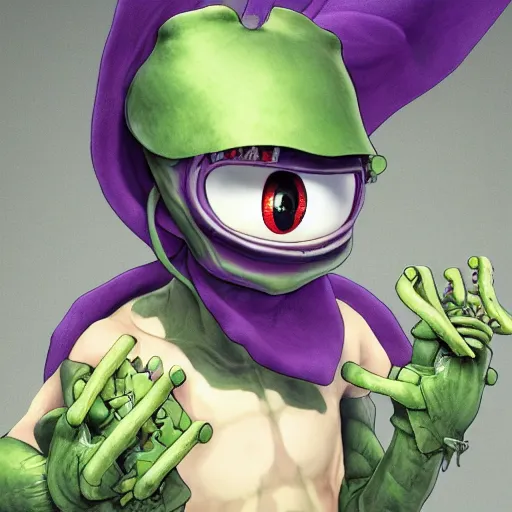 Prompt: little boy wearing an cyborg frog suit, artwork in kentaro miura and made in abyss, smooth, purple and green gamma, studio lighting, beautiful lightness, anatomically correct, trending on pixiv