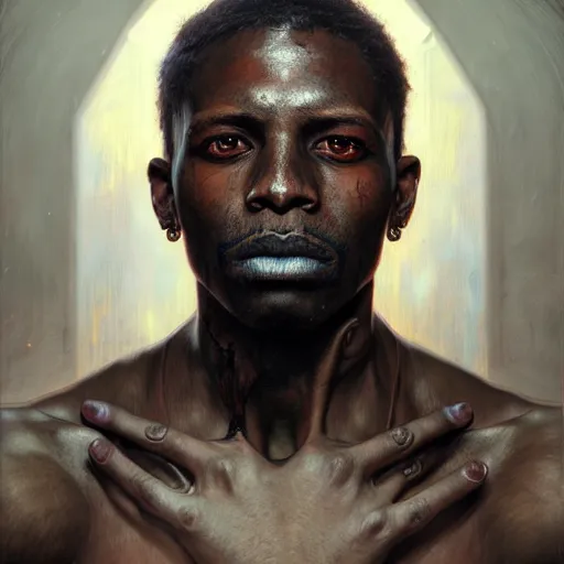 Image similar to portrait painting of a scarred african american man with cropped hair wearing a tattered and feathered coat, ultra realistic, concept art, intricate details, eerie, highly detailed, photorealistic, octane render, 8 k, unreal engine. art by artgerm and greg rutkowski and charlie bowater and magali villeneuve and alphonse mucha