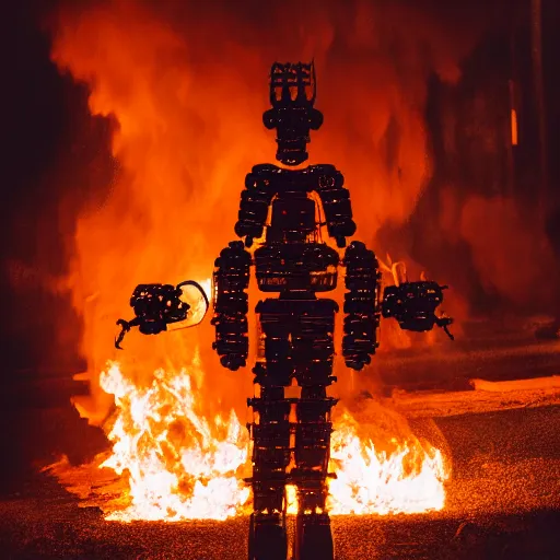 Prompt: a mechanical robotic man emerges from fire, cinematic, high contrast, dark