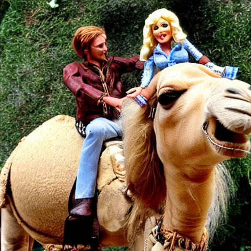 Prompt: Dolly Parton riding a camel in Slough. camel wearing a wig. camel wearing shoes. highly detailed. photorealistic. detailed faces.