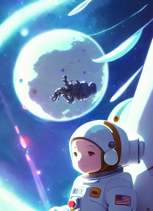 Image similar to portrait of cute kawaii astronaut android floating around a large biomechanical kaiju dragon, nebulous background of dynamic space, a dramatic composition by wlop and greg rutkowski and makoto shinkai and studio ghibli and kyoto animation