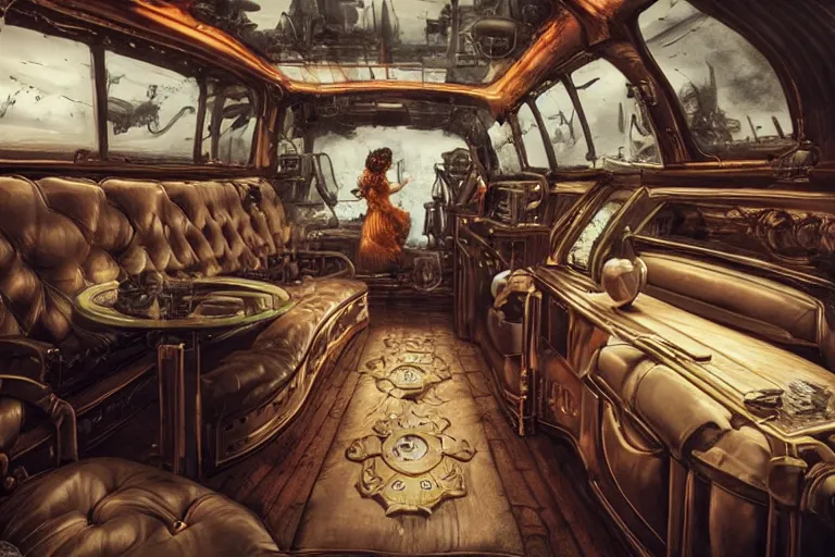 Image similar to interior of a steampunk limousine, pretty women having fun, luxury, 3d scene, render, ultra realistic, zenith view, Greg Rutkowski, artstation, cgsociety, level design, unreal engine, 3d scene, render, ultra realistic, zenith view, Milo Manara, Frank Frazetta, joe madureira