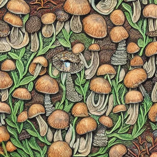 Prompt: a close up view of a wall with mushrooms on it, a detailed painting by master of the embroidered foliage, featured on behance, arts and crafts movement, intricate, ornate, made of flowers