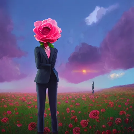 Prompt: closeup, giant rose flower as a head, frontal, a girl in a suit, surreal photography, sunrise, blue sky, dramatic light, impressionist painting, digital painting, artstation, simon stalenhag