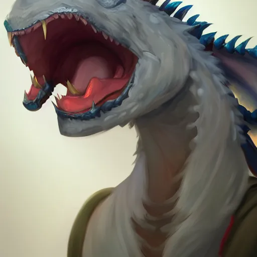 Image similar to anthro art, full body shot of a dragon smiling into the camera, furry art, furaffinity, extremely detailed, digital painting, artstation, concept art, smooth, sharp focus, illustration, trending