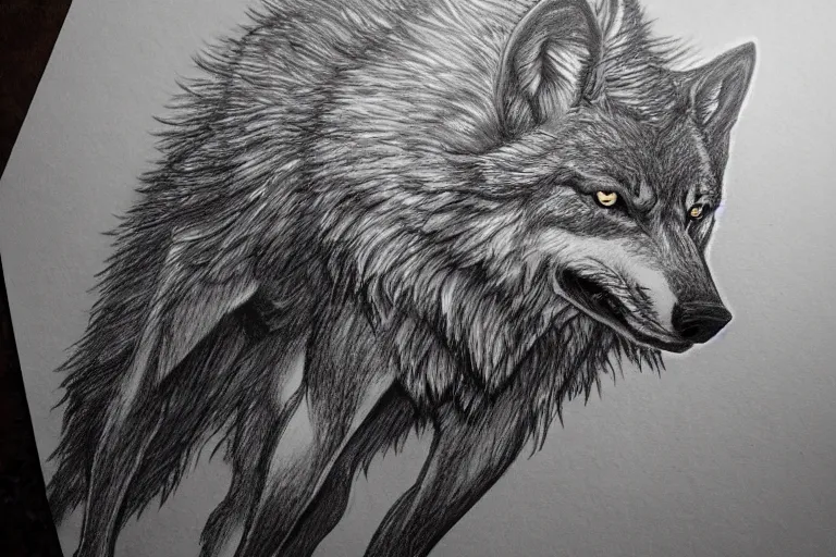 Image similar to a pencil drawing of a wolf, full body, D&D, armor, made by by Pen Tacula