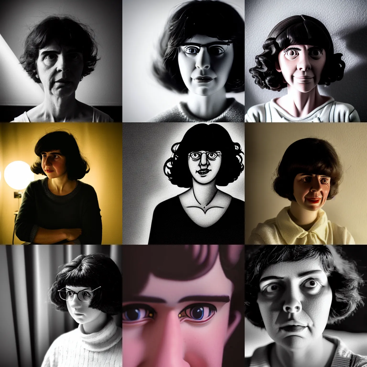 Prompt: photo of mafalda as a real person in a dark room with a soft light on her head, realistic woman, intricate detail, photorealistic, highly detailed, cinematic atmosphere, dramatic