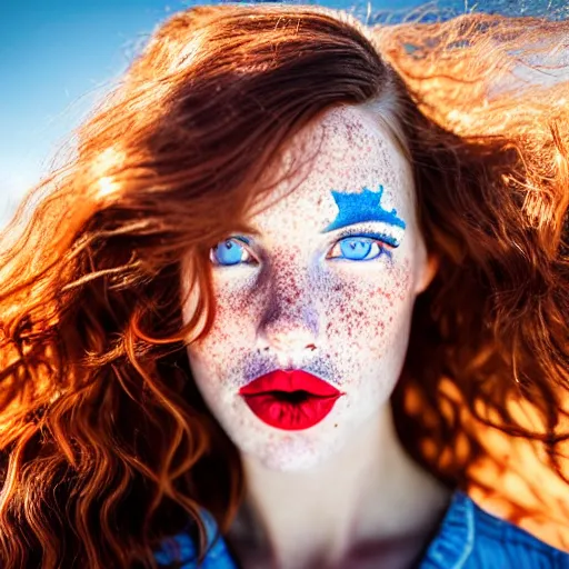 Image similar to close up photo of the left side of the face of a woman with blue eyes and wavy long red-brown hair, red detailed lips and freckles who looks directly at the camera. Slightly open mouth. Whole head visible and covers half of the frame, with a park visible in the background. 135mm nikon. Intricate. Very detailed 8k. Sharp. Cinematic post-processing. Unreal engine. Nanite. Ray tracing. Parallax. Tessellation