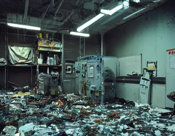 Image similar to kodak portra medium size room with figure film still 1 9 9 2 industrial chaos terror