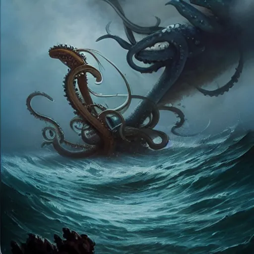 Image similar to A kraken-sea-monster attacking a 17th century Ship-of-the-line from the stormy ocean depths, atmospheric, dramatic, concept art by Peter Mohrbacher