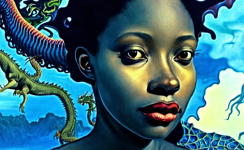 Prompt: realistic detailed photorealistic film close up portrait shot of a beautiful black woman, sci-fi landscape with a dragon on background by Denis Villeneuve, Amano, Yves Tanguy, Alphonse Mucha, Ernst Haeckel, Andrei Tarkovsky, Edward Robert Hughes, Roger Dean, rich moody colours, wide angle, blue eyes