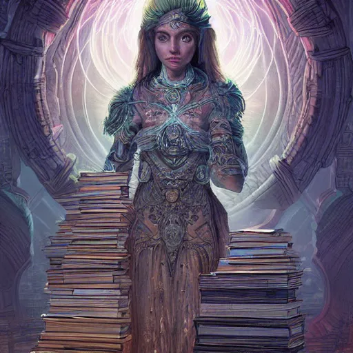 Prompt: a portrait of the goddess minerva surrounded by stacks of books, bioluminescent gown with deep level of detail of esoteric symbols, urban motifs, intricate, elegant, highly detailed, digital painting, trending on artstation, concept art, smooth sharp focus, illustration, art by artgerm and greg rutkowski, 8 k resolution, surrealism