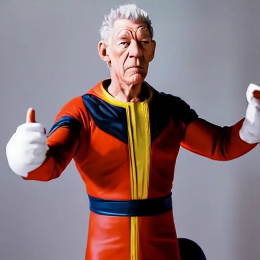 Image similar to film still, full body shot of ian mckellen playing saitama dressed in the one punch man costume