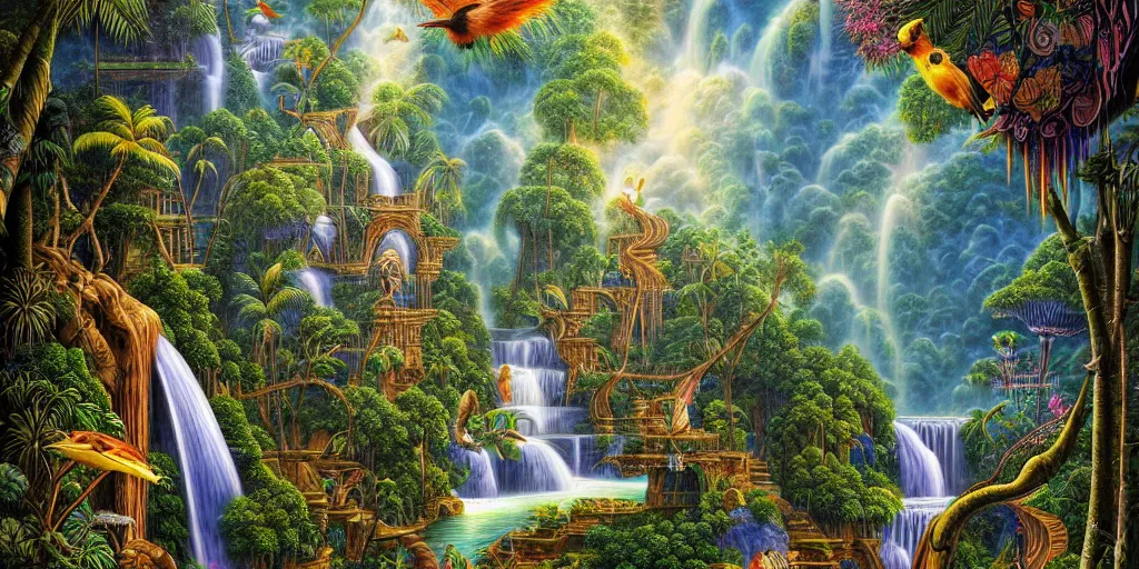 Image similar to visionary art, tropical eastern waterfall valley, with great birds, rich geometry, precise and incredibly highly detailed intricate 8 k wallpaper, john stephens, intricate stunning award winning masterpiece trending on artstation