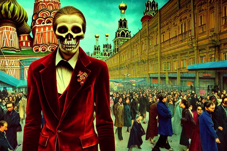 Image similar to realistic detailed photorealistic film closeup portrait shot of a single skeleton wearing crimson velvet blazer in a crowded futuristic moscow street by Denis Villeneuve, Amano, Yves Tanguy, Alphonse Mucha, Ernst Haeckel, Andrei Tarkovsky, Edward Robert Hughes, Roger Dean, rich moody colours, wide angle, blue eyes