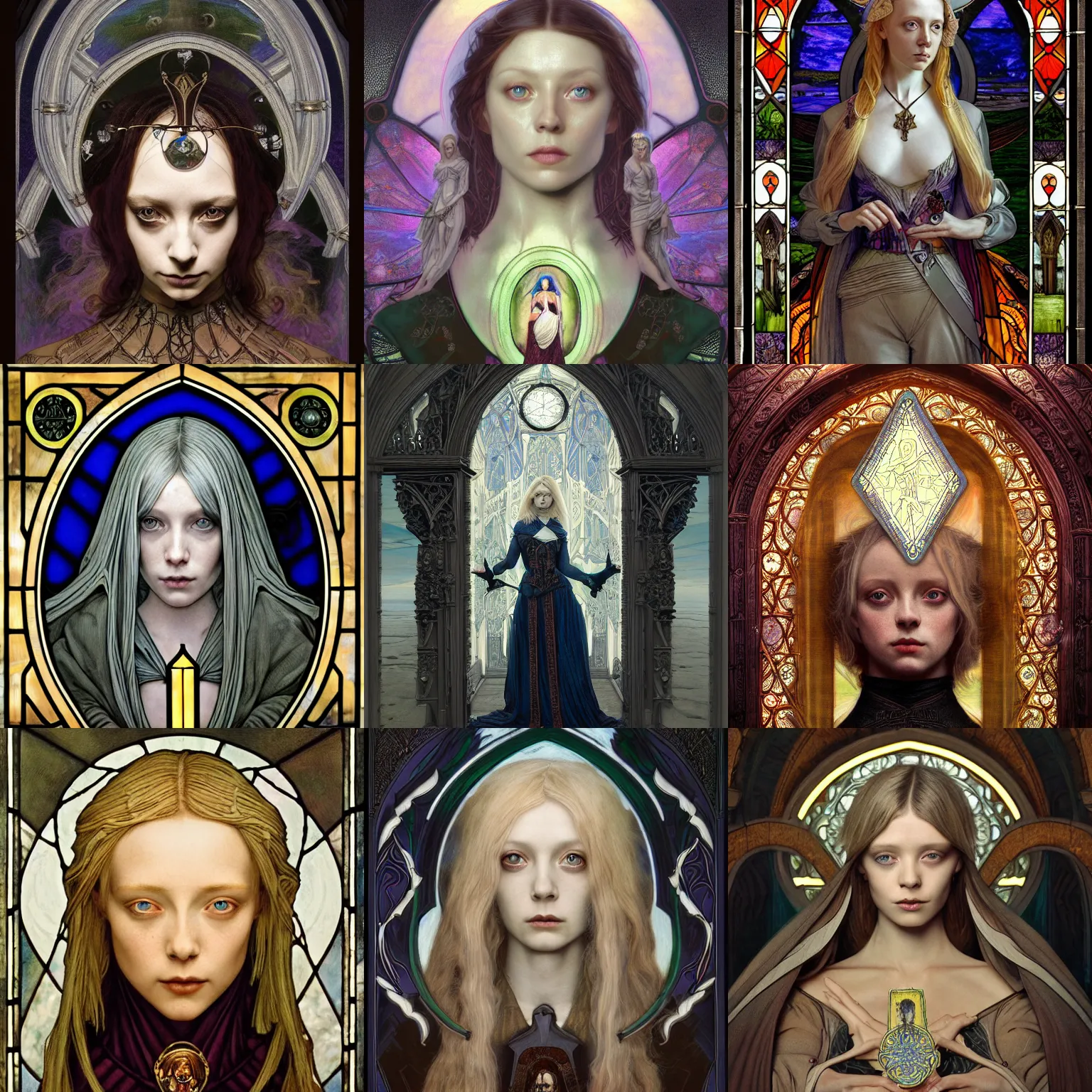 Prompt: masterpiece head-on symmetrical centered portrait, Portia Doubleday as a Gothic Templar, blonde hair, gothic stained glass style, tarot card style, elegant, distant, in the style of Edgar Maxence and Ross Tran and Zdzisław Beksiński and Michael Whelan and Mucha and Gustave Doré, specular highlights, 8k, octane render