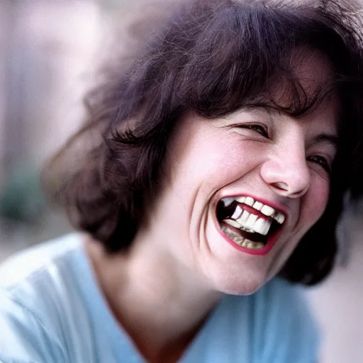 Prompt: a smiling woman with hundreds!!!! of teeth!!!!!!!!!. 3 5 mm f / 2. 8, kodachrome, moody lighting.
