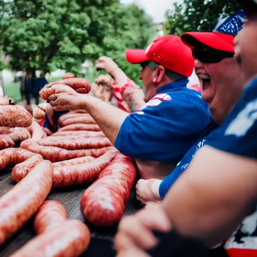 Prompt: maga supporters tickling each other with sausages, canon eos r 3, f / 1. 4, iso 2 0 0, 1 / 1 6 0 s, 8 k, raw, unedited, symmetrical balance, in - frame