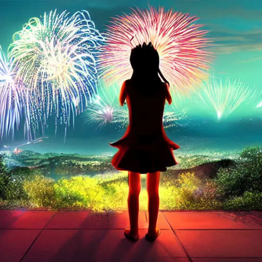 Image similar to girl watching watching fireworks on a hill, digital art, by richard estes, akiyuki shinbou, yoshitaka amano highly detailed, realistic, cinematic, bold colours, photorealism, 4 k, wide angle lens