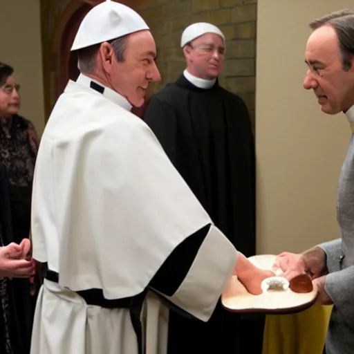 Prompt: kevin spacey dressed up as a catholic priest, giving out communion to a small old woman,