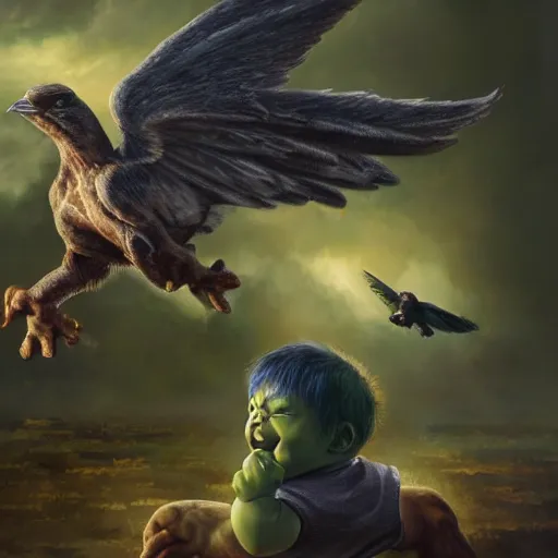 Prompt: a baby hulk with wings flying with birds, oil on canvas, portrait, intricate, 8k highly professionally detailed, HDR, CGsociety