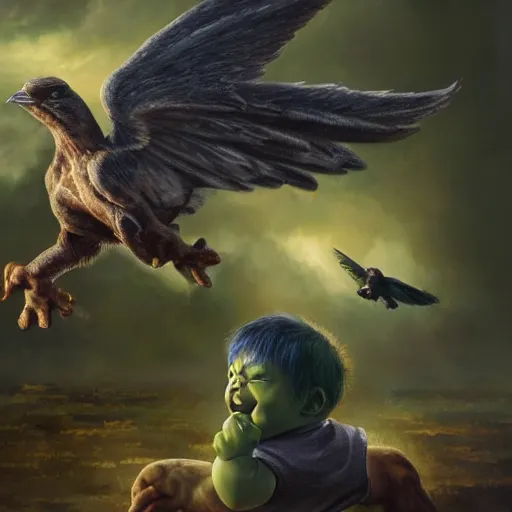 Image similar to a baby hulk with wings flying with birds, oil on canvas, portrait, intricate, 8k highly professionally detailed, HDR, CGsociety