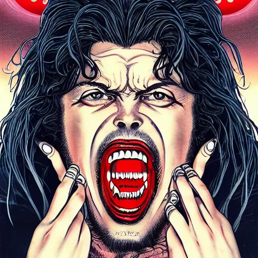 Image similar to portrait of crazy screaming post malone with red eyes like hal 9 0 0 0, as vampire, symmetrical, by yoichi hatakenaka, masamune shirow, josan gonzales and dan mumford, ayami kojima, takato yamamoto, barclay shaw, karol bak, yukito kishiro