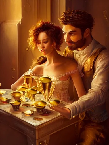 Prompt: a couple with misterious expressions, cheers, a toast with golden cups. intricate, elegant, highly detailed, digital painting, artstation, concept art, sharp focus, illustration, by justin gerard and artgerm, 8 k